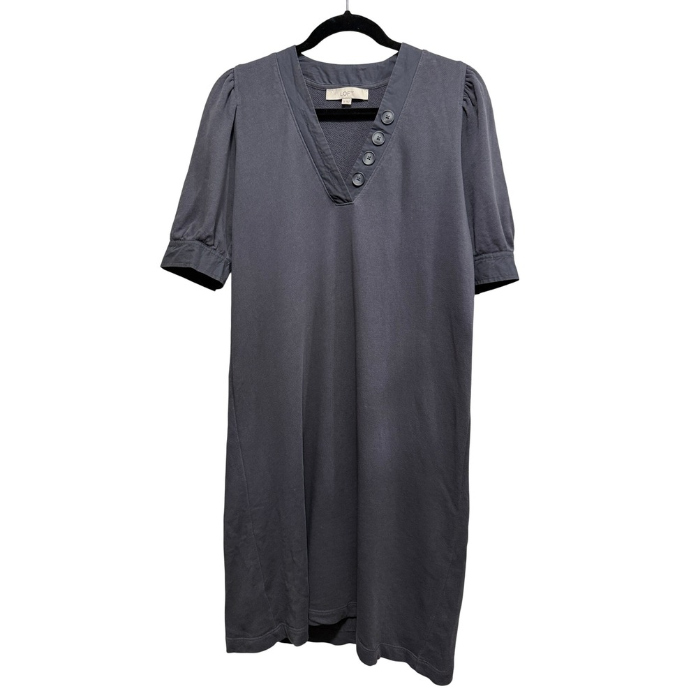 Loft Womens Small Grey Cotton French Terry Puff Sleeve V-Neck Shift Dress